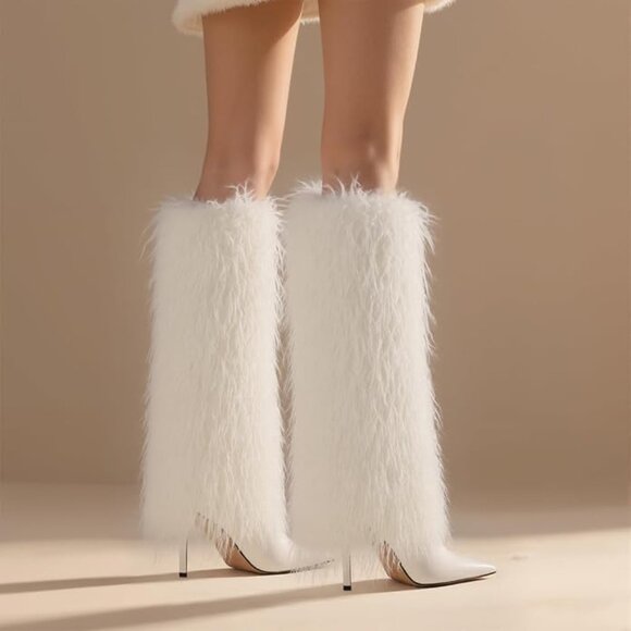 Women's Furry White Boots - Picture 3 of 6
